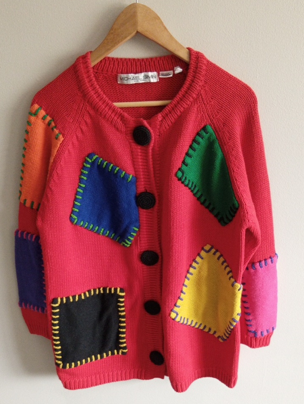 Vtg Michael Simon Patchwork Knit Cardigan Rainbow Size OSFM